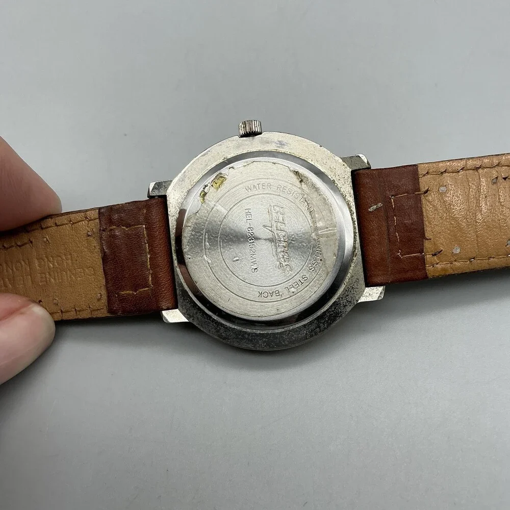 Vintage Helbros Mens Watch 37mm Leather Two Tone Bezel Date New Battery